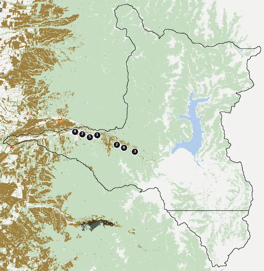 Mapa de Antuco con las zonas pobladas, la plantación forestal a menos de 500 m y el área quemada entre 2023 y 2025