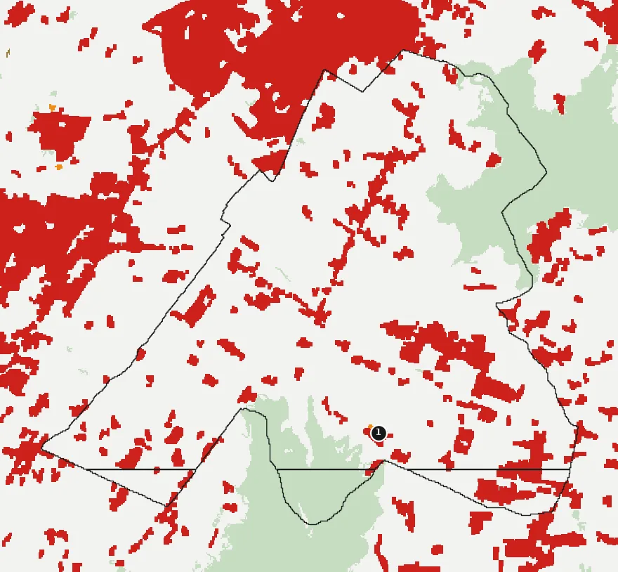 Mapa de Calera de Tango con las zonas pobladas, la plantación forestal a menos de 500 m y el área quemada entre 2023 y 2025