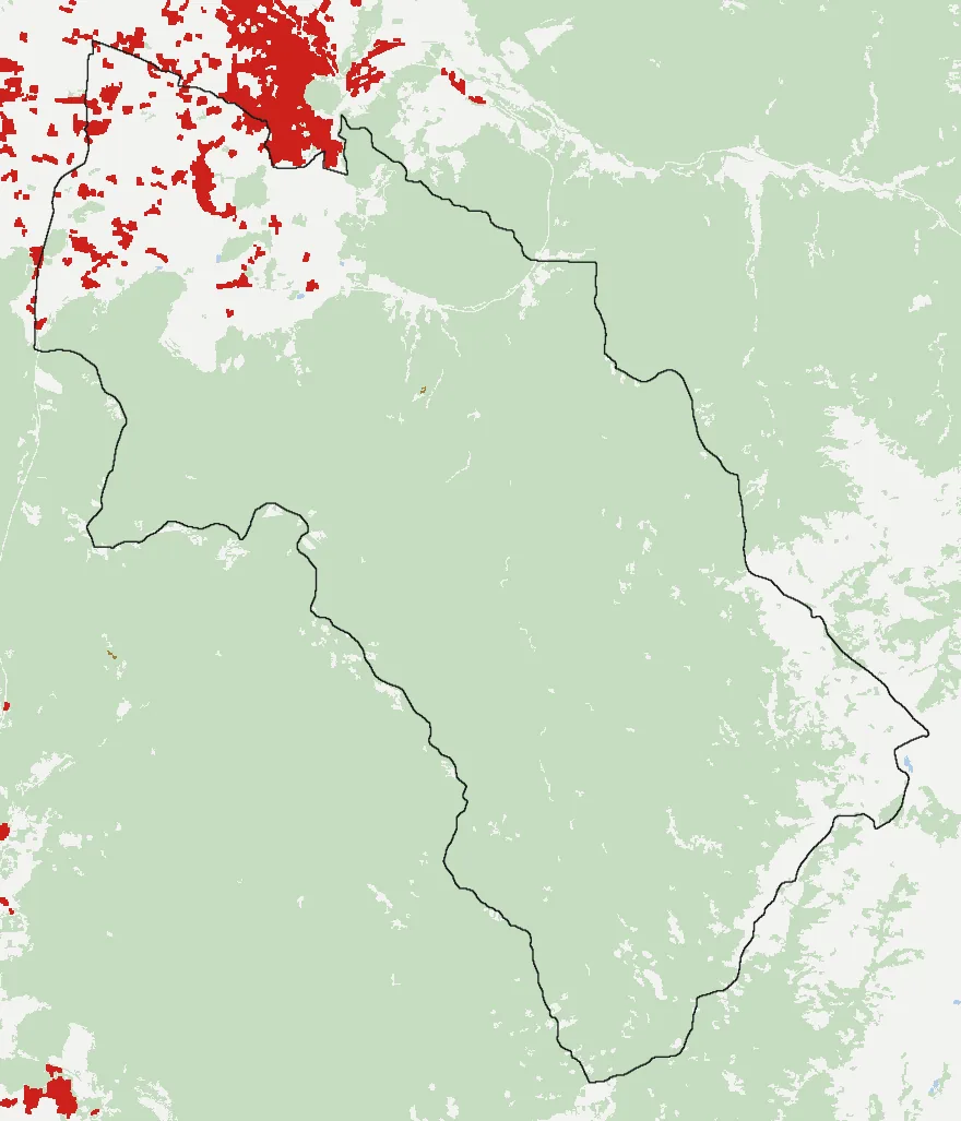 Mapa de Calle Larga con las zonas pobladas, la plantación forestal a menos de 500 m y el área quemada entre 2023 y 2025