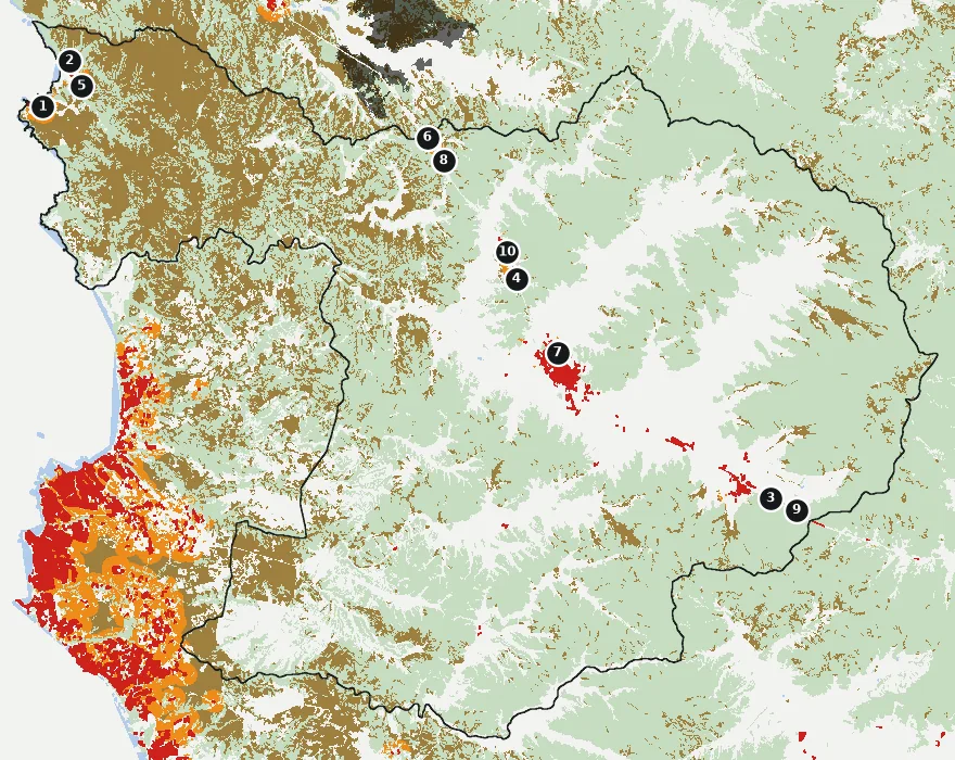 Mapa de Casablanca con las zonas pobladas, la plantación forestal a menos de 500 m y el área quemada entre 2023 y 2025