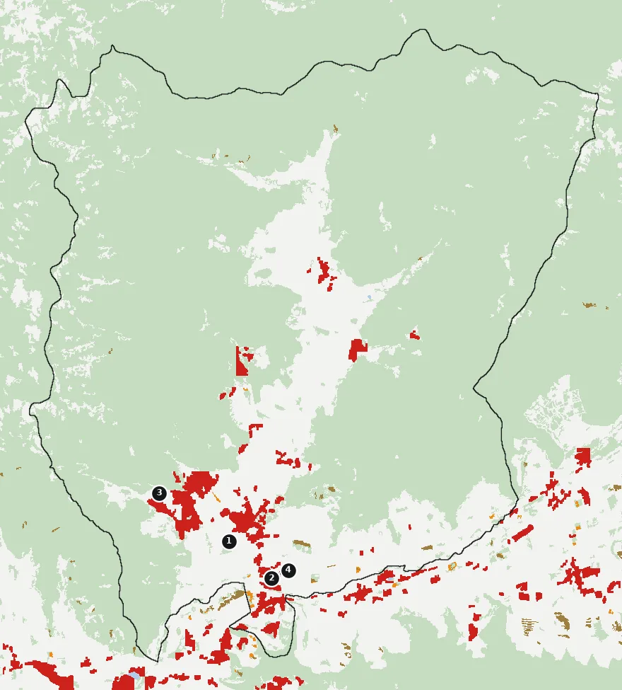 Mapa de Catemu con las zonas pobladas, la plantación forestal a menos de 500 m y el área quemada entre 2023 y 2025