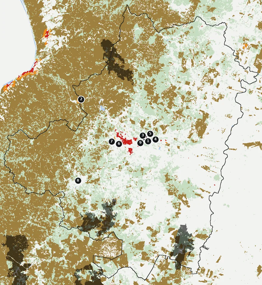 Mapa de Cauquenes con las zonas pobladas, la plantación forestal a menos de 500 m y el área quemada entre 2023 y 2025