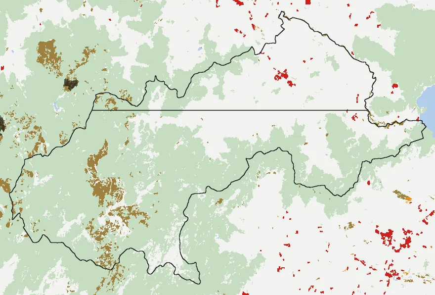 Mapa de Chépica con las zonas pobladas, la plantación forestal a menos de 500 m y el área quemada entre 2023 y 2025