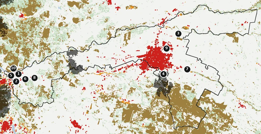 Mapa de Chillán con las zonas pobladas, la plantación forestal a menos de 500 m y el área quemada entre 2023 y 2025