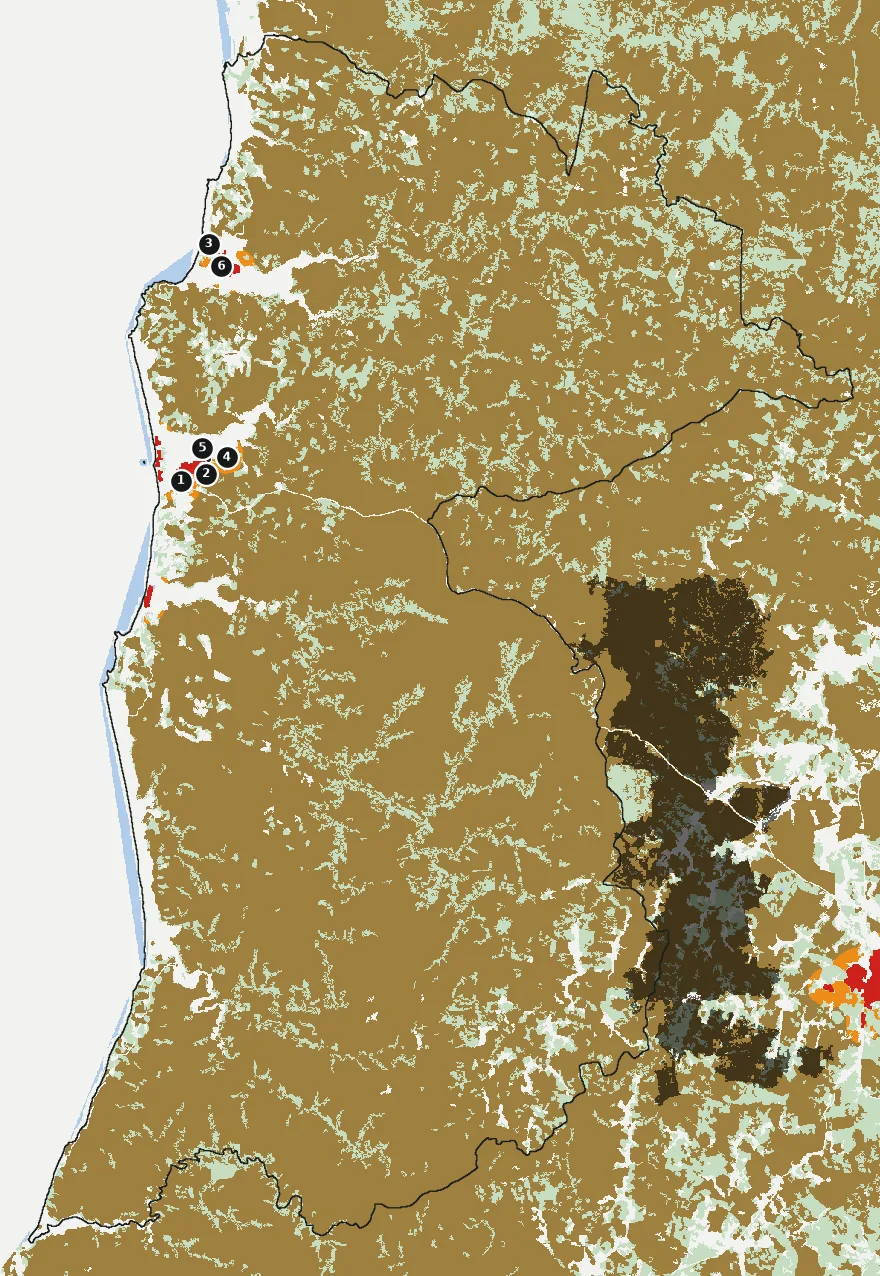 Mapa de Cobquecura con las zonas pobladas, la plantación forestal a menos de 500 m y el área quemada entre 2023 y 2025