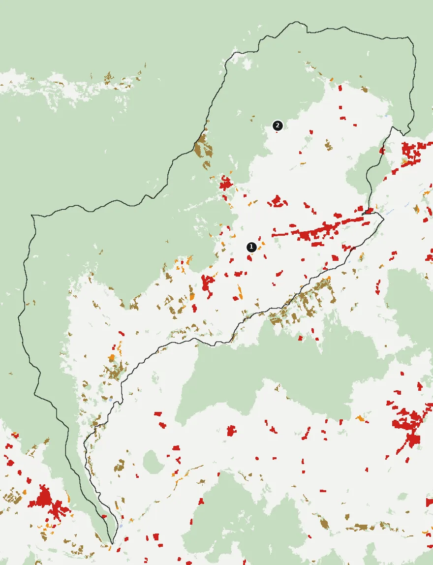 Mapa de Coltauco con las zonas pobladas, la plantación forestal a menos de 500 m y el área quemada entre 2023 y 2025