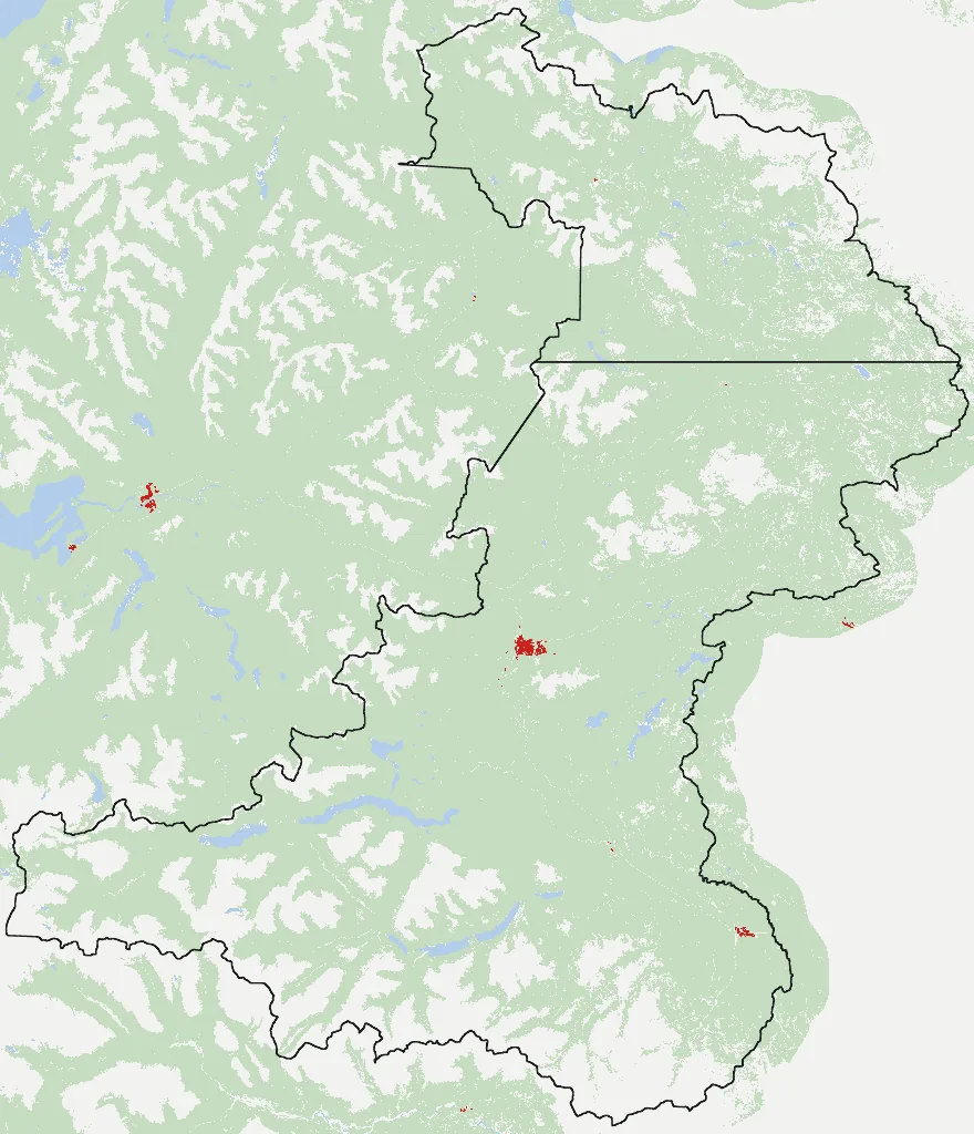 Mapa de Coyhaique con las zonas pobladas, la plantación forestal a menos de 500 m y el área quemada entre 2023 y 2025