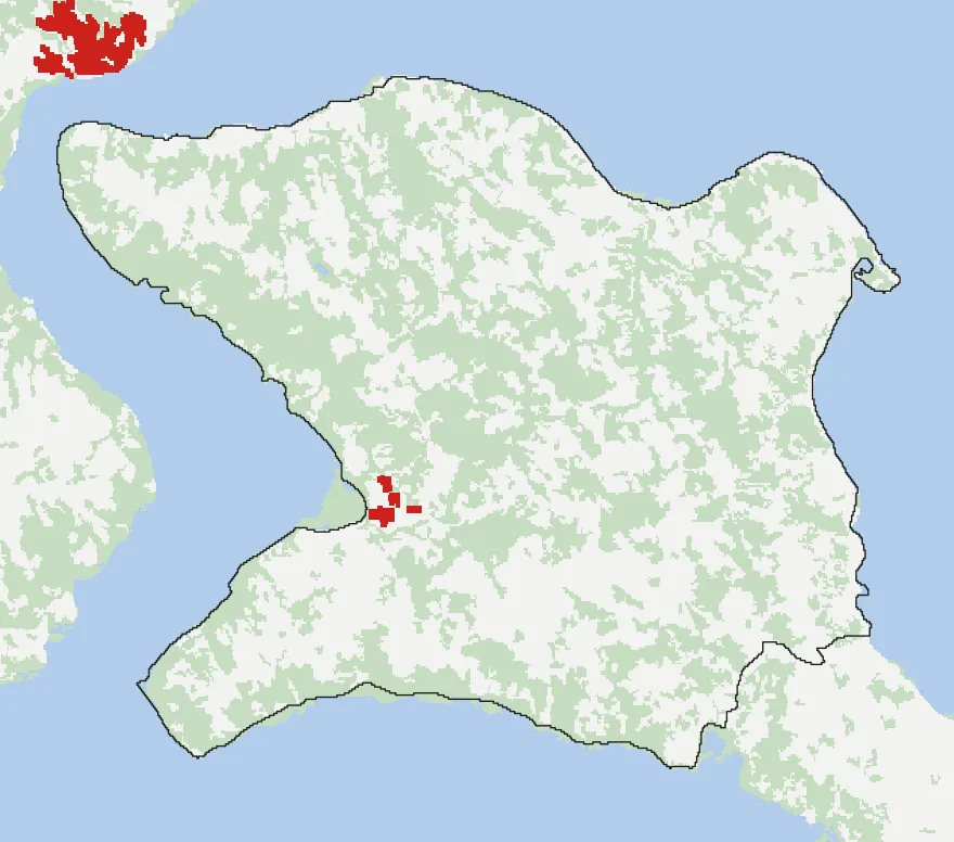 Mapa de Curaco de Vélez con las zonas pobladas, la plantación forestal a menos de 500 m y el área quemada entre 2023 y 2025
