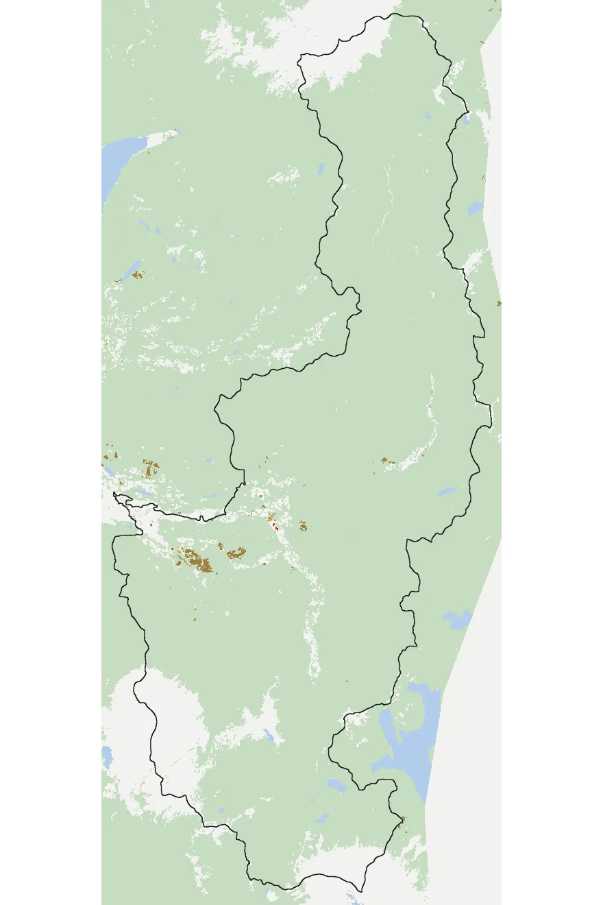 Mapa de Curarrehue con las zonas pobladas, la plantación forestal a menos de 500 m y el área quemada entre 2023 y 2025