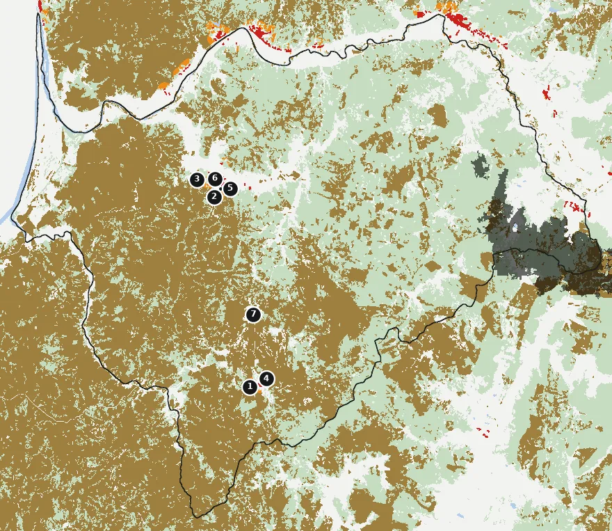 Mapa de Curepto con las zonas pobladas, la plantación forestal a menos de 500 m y el área quemada entre 2023 y 2025