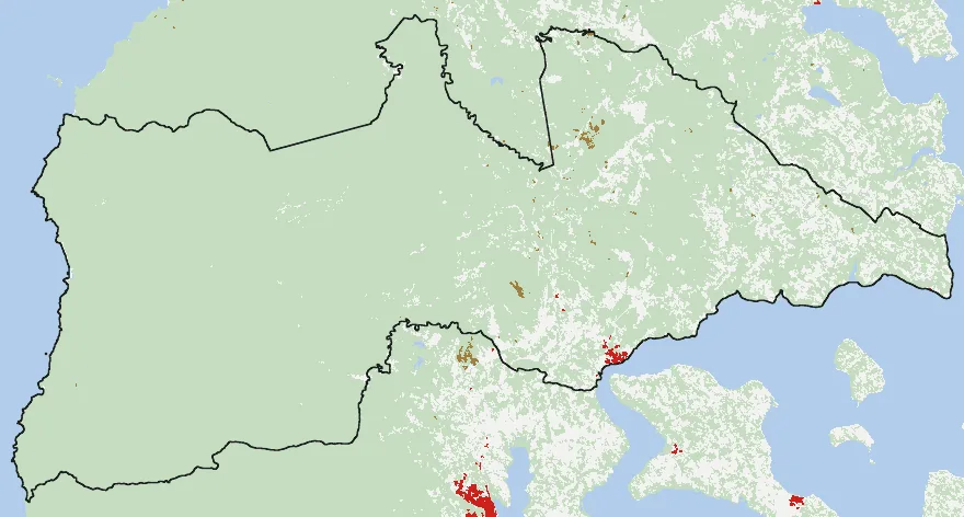 Mapa de Dalcahue con las zonas pobladas, la plantación forestal a menos de 500 m y el área quemada entre 2023 y 2025