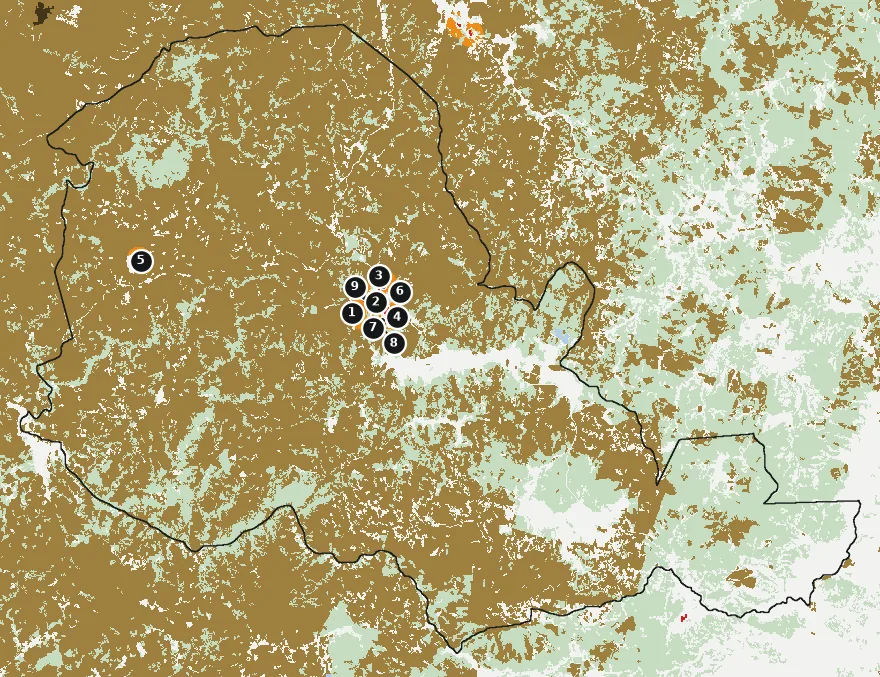 Mapa de Empedrado con las zonas pobladas, la plantación forestal a menos de 500 m y el área quemada entre 2023 y 2025