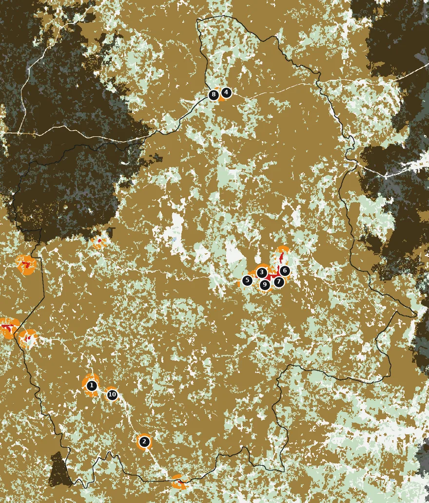 Mapa de Florida con las zonas pobladas, la plantación forestal a menos de 500 m y el área quemada entre 2023 y 2025