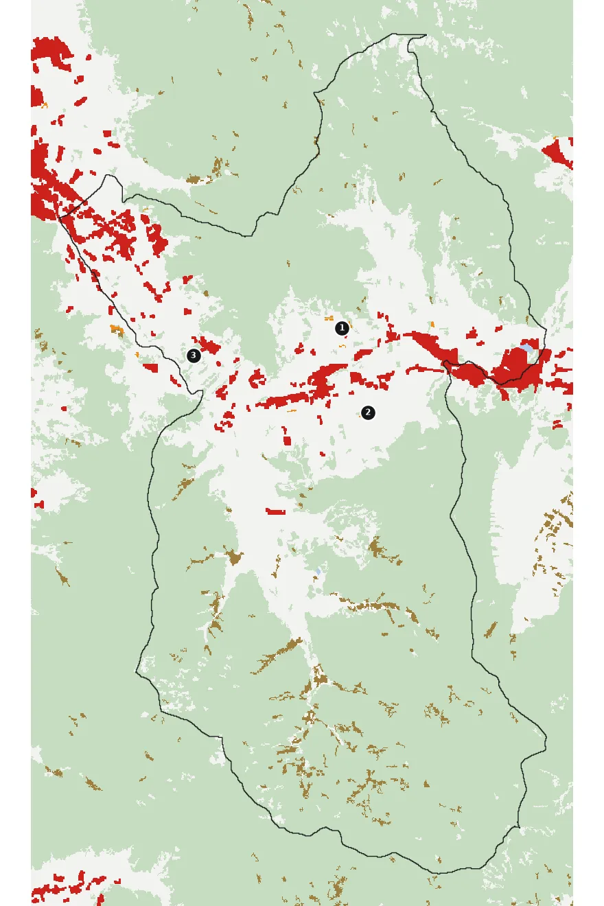 Mapa de Hijuelas con las zonas pobladas, la plantación forestal a menos de 500 m y el área quemada entre 2023 y 2025