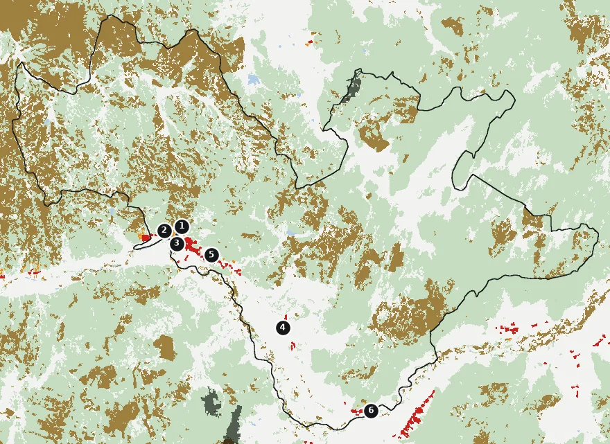 Mapa de Hualañé con las zonas pobladas, la plantación forestal a menos de 500 m y el área quemada entre 2023 y 2025