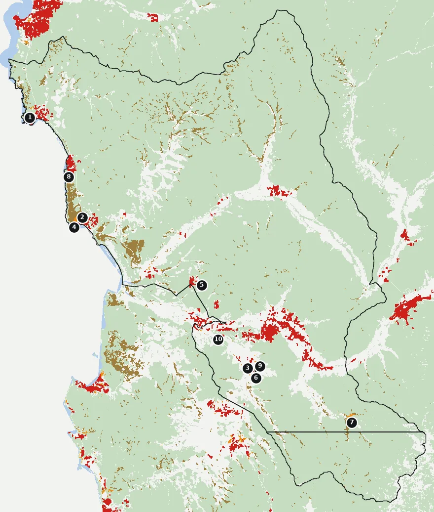 Mapa de La Ligua con las zonas pobladas, la plantación forestal a menos de 500 m y el área quemada entre 2023 y 2025