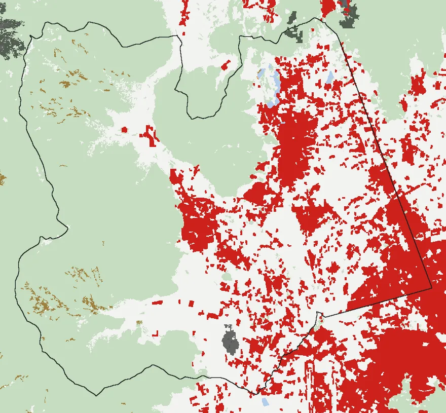 Mapa de Lampa con las zonas pobladas, la plantación forestal a menos de 500 m y el área quemada entre 2023 y 2025