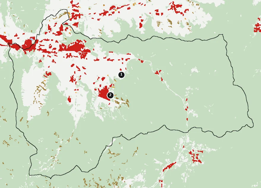 Mapa de Llaillay con las zonas pobladas, la plantación forestal a menos de 500 m y el área quemada entre 2023 y 2025
