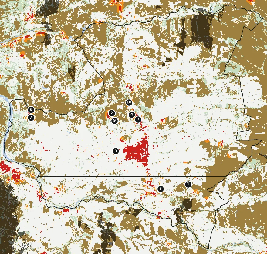 Mapa de Los Ángeles con las zonas pobladas, la plantación forestal a menos de 500 m y el área quemada entre 2023 y 2025