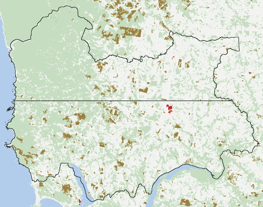 Mapa de Los Muermos con las zonas pobladas, la plantación forestal a menos de 500 m y el área quemada entre 2023 y 2025