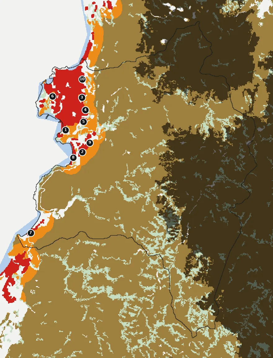 Mapa de Lota con las zonas pobladas, la plantación forestal a menos de 500 m y el área quemada entre 2023 y 2025