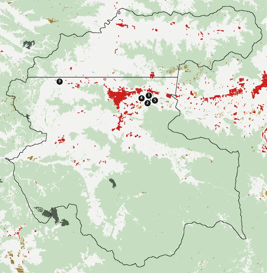 Mapa de Melipilla con las zonas pobladas, la plantación forestal a menos de 500 m y el área quemada entre 2023 y 2025