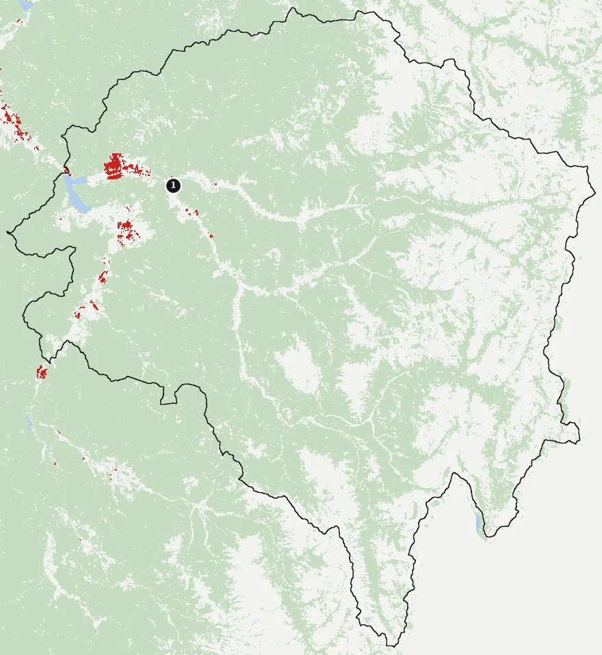 Mapa de Monte Patria con las zonas pobladas, la plantación forestal a menos de 500 m y el área quemada entre 2023 y 2025
