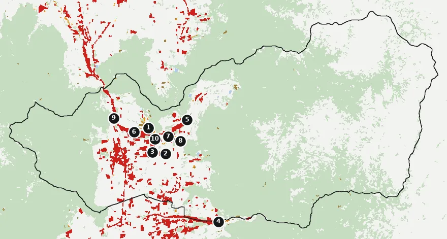 Mapa de Mostazal con las zonas pobladas, la plantación forestal a menos de 500 m y el área quemada entre 2023 y 2025