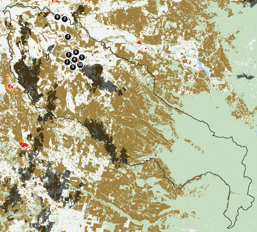 Mapa de Mulchén con las zonas pobladas, la plantación forestal a menos de 500 m y el área quemada entre 2023 y 2025