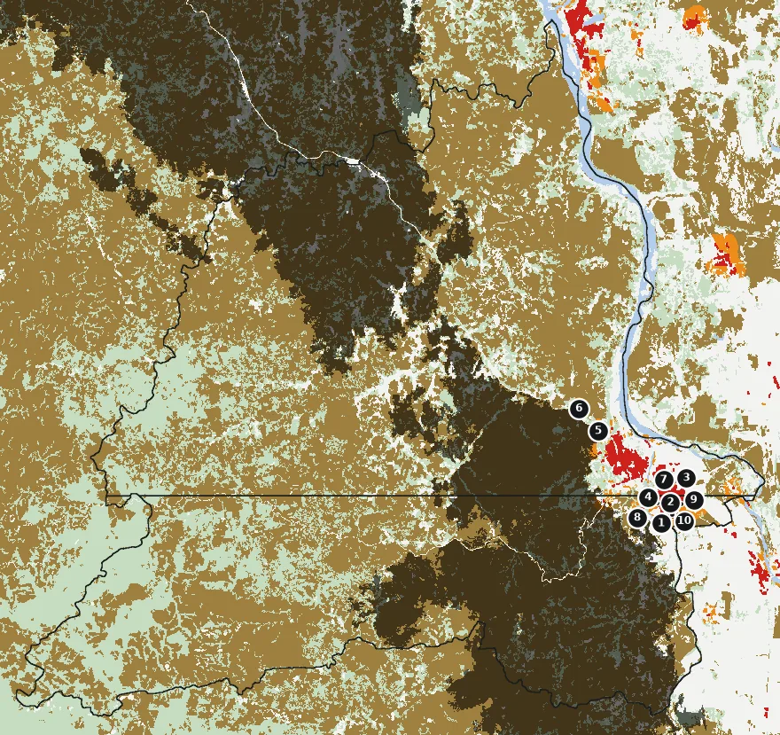 Mapa de Nacimiento con las zonas pobladas, la plantación forestal a menos de 500 m y el área quemada entre 2023 y 2025