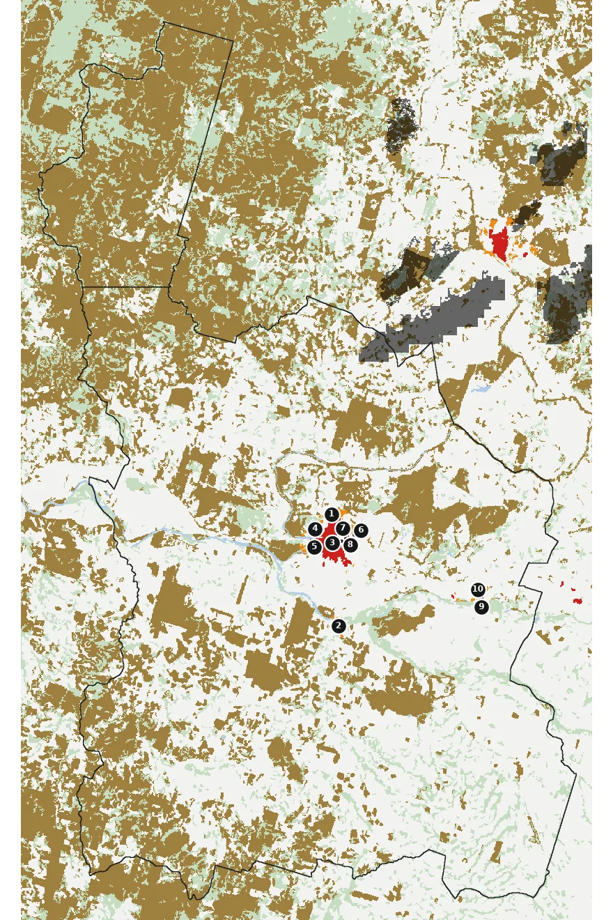 Mapa de Nueva Imperial con las zonas pobladas, la plantación forestal a menos de 500 m y el área quemada entre 2023 y 2025