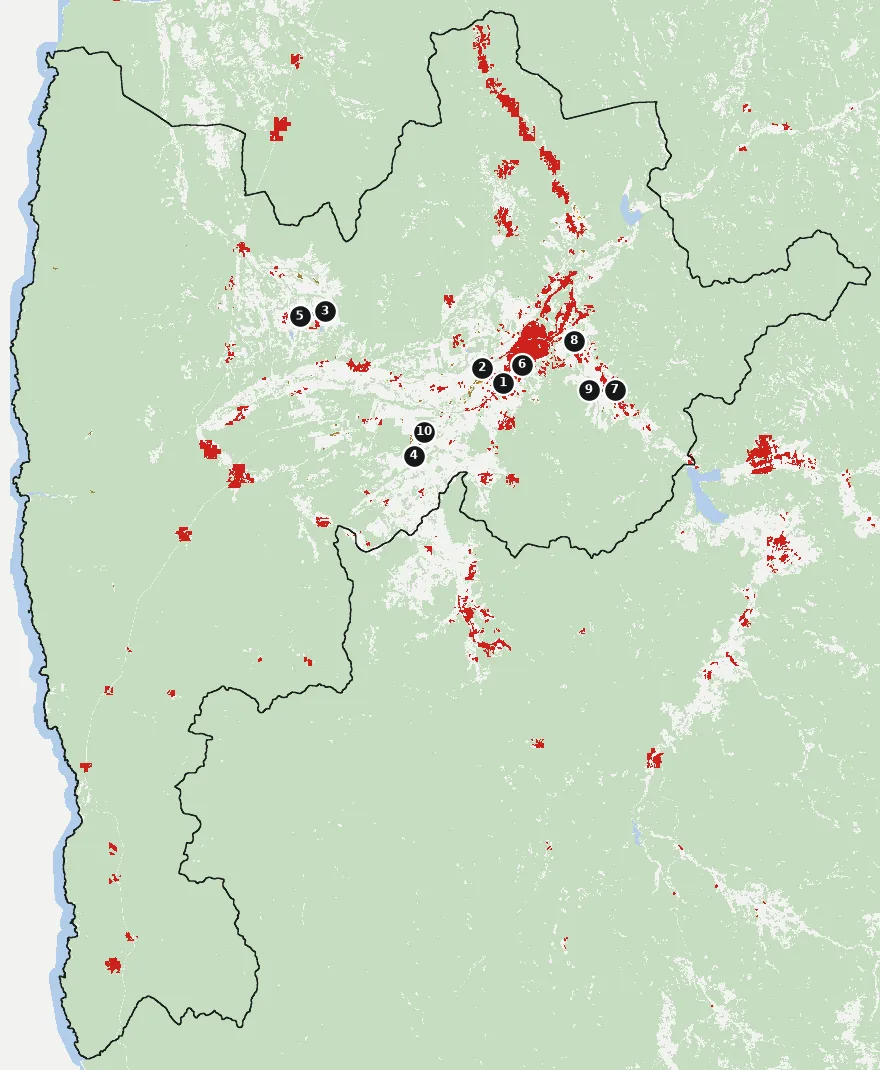 Mapa de Ovalle con las zonas pobladas, la plantación forestal a menos de 500 m y el área quemada entre 2023 y 2025