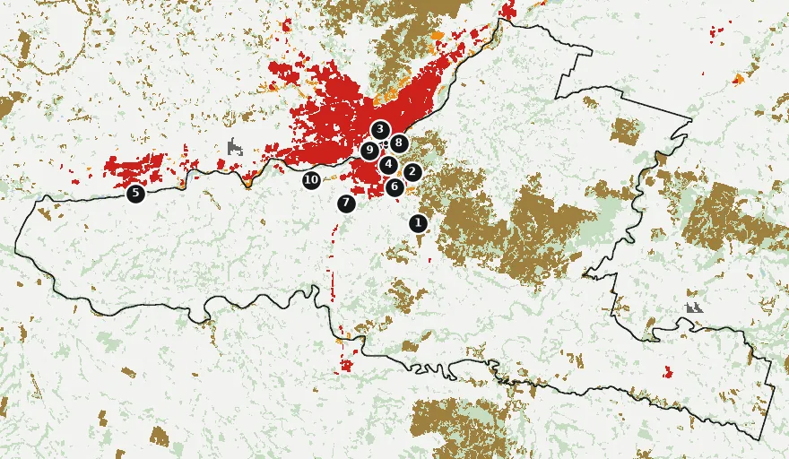 Mapa de Padre Las Casas con las zonas pobladas, la plantación forestal a menos de 500 m y el área quemada entre 2023 y 2025
