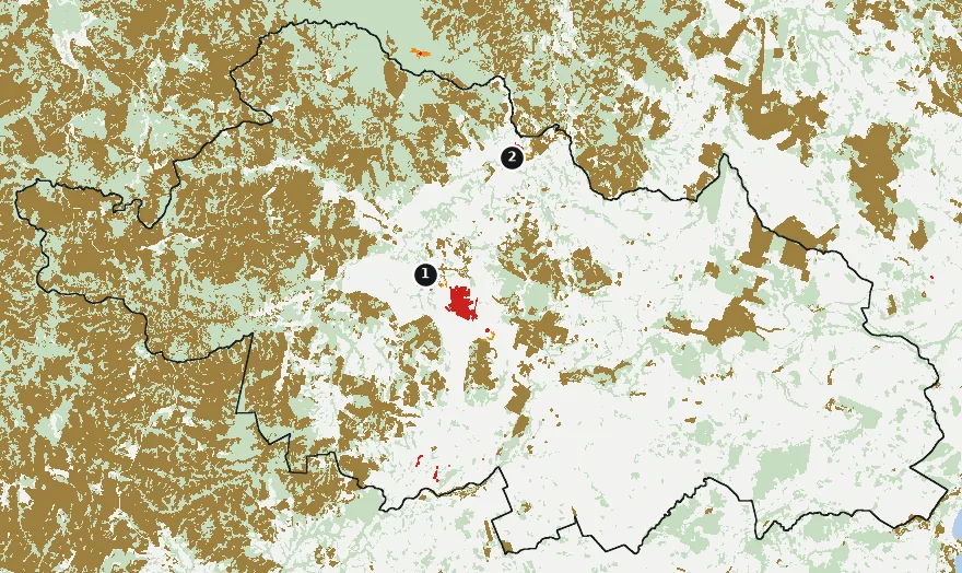 Mapa de Paillaco con las zonas pobladas, la plantación forestal a menos de 500 m y el área quemada entre 2023 y 2025