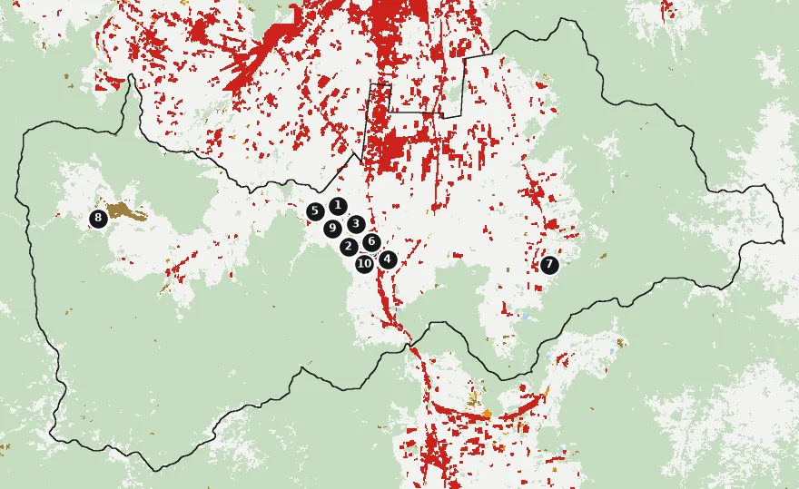 Mapa de Paine con las zonas pobladas, la plantación forestal a menos de 500 m y el área quemada entre 2023 y 2025
