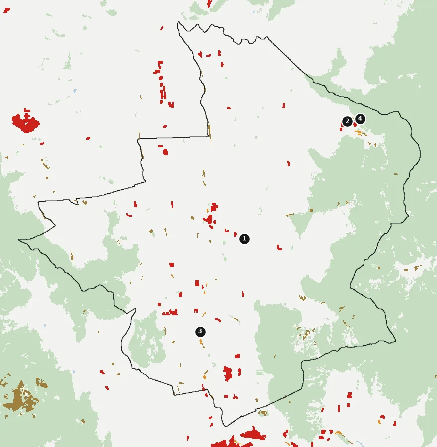 Mapa de Palmilla con las zonas pobladas, la plantación forestal a menos de 500 m y el área quemada entre 2023 y 2025