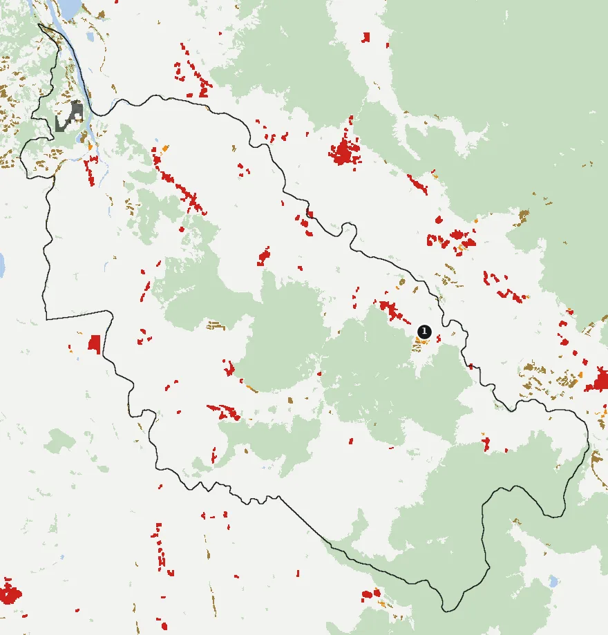 Mapa de Pichidegua con las zonas pobladas, la plantación forestal a menos de 500 m y el área quemada entre 2023 y 2025