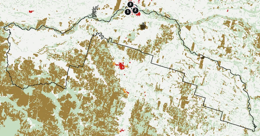 Mapa de Pitrufquén con las zonas pobladas, la plantación forestal a menos de 500 m y el área quemada entre 2023 y 2025