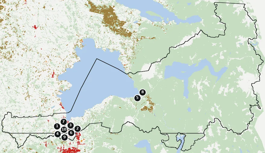 Mapa de Puerto Varas con las zonas pobladas, la plantación forestal a menos de 500 m y el área quemada entre 2023 y 2025