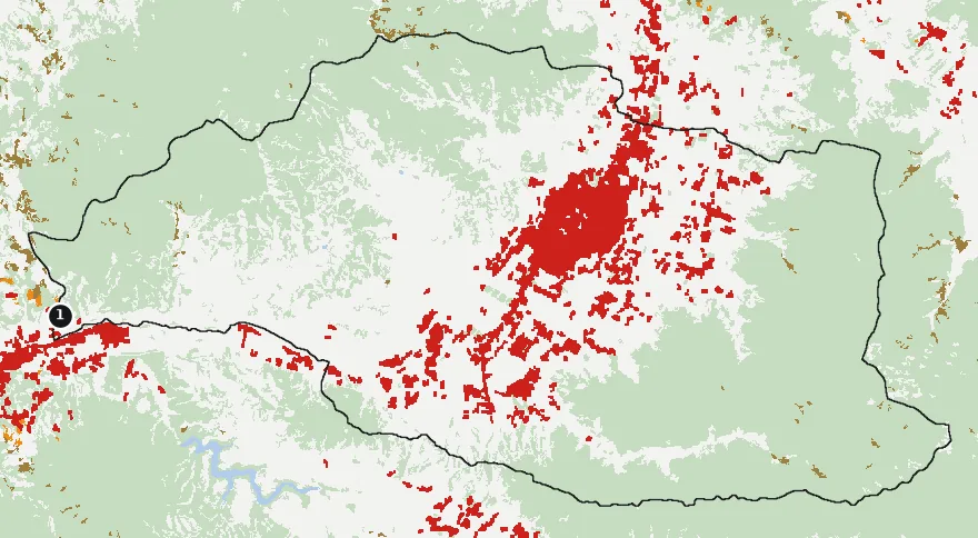 Mapa de Quillota con las zonas pobladas, la plantación forestal a menos de 500 m y el área quemada entre 2023 y 2025