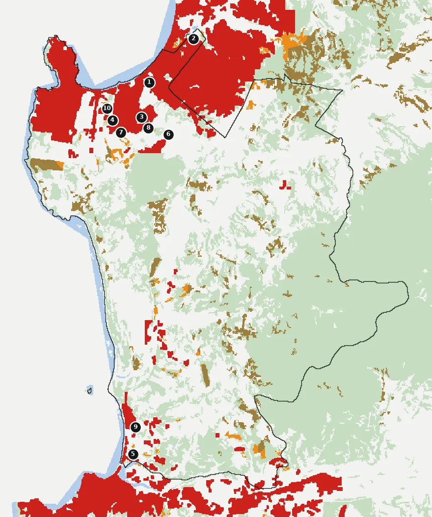 Mapa de Quintero con las zonas pobladas, la plantación forestal a menos de 500 m y el área quemada entre 2023 y 2025