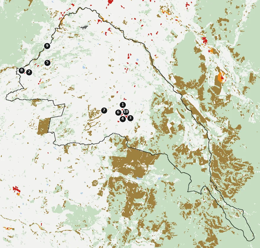 Mapa de Río Claro con las zonas pobladas, la plantación forestal a menos de 500 m y el área quemada entre 2023 y 2025