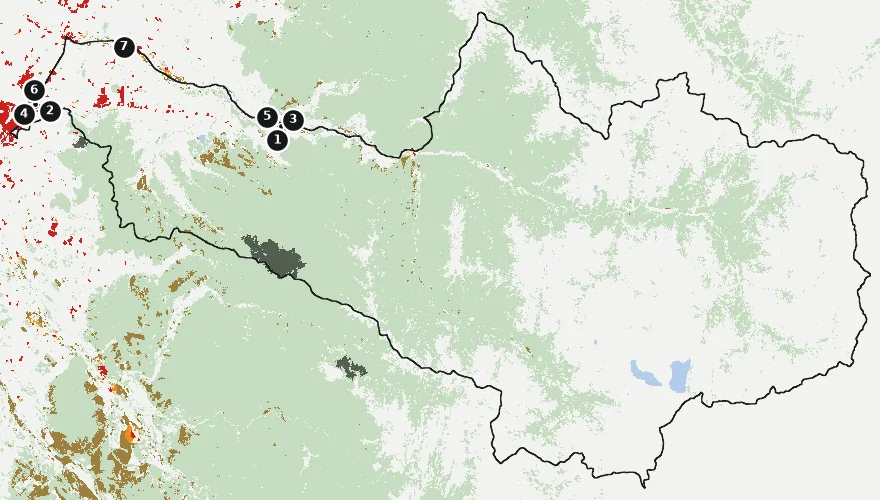 Mapa de Romeral con las zonas pobladas, la plantación forestal a menos de 500 m y el área quemada entre 2023 y 2025