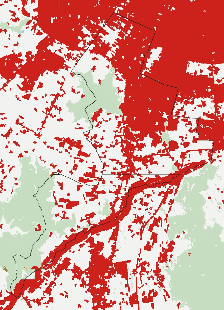 Mapa de San Bernardo con las zonas pobladas, la plantación forestal a menos de 500 m y el área quemada entre 2023 y 2025