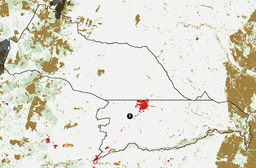 Mapa de San Carlos con las zonas pobladas, la plantación forestal a menos de 500 m y el área quemada entre 2023 y 2025