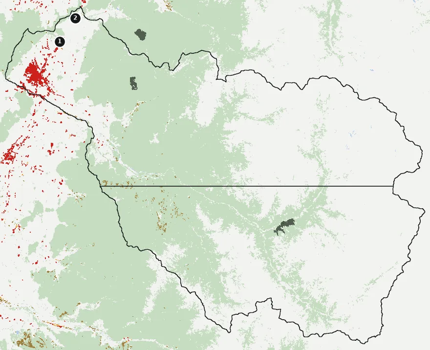 Mapa de San Fernando con las zonas pobladas, la plantación forestal a menos de 500 m y el área quemada entre 2023 y 2025