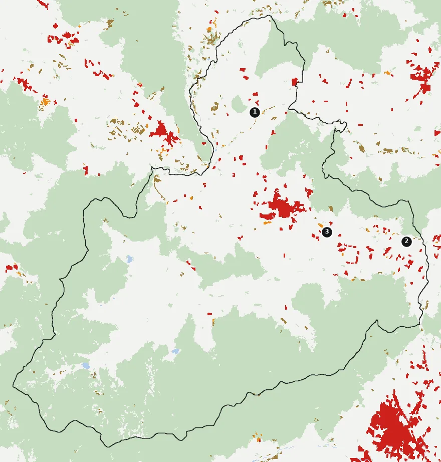 Mapa de San Vicente con las zonas pobladas, la plantación forestal a menos de 500 m y el área quemada entre 2023 y 2025