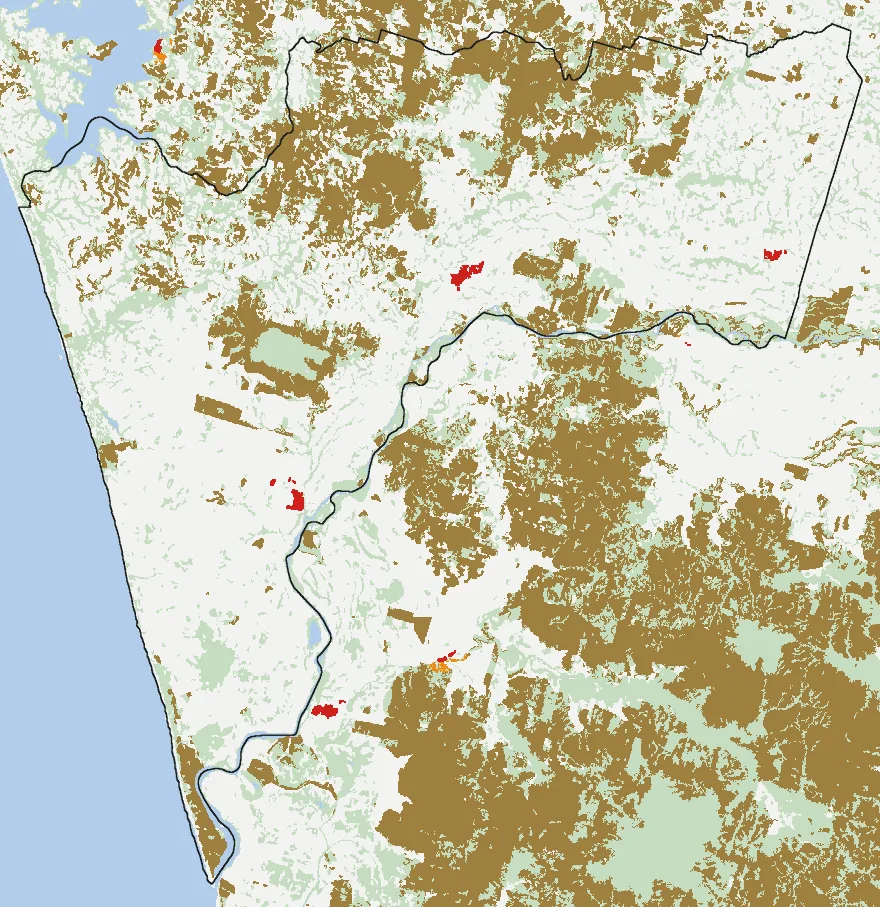 Mapa de Teodoro Schmidt con las zonas pobladas, la plantación forestal a menos de 500 m y el área quemada entre 2023 y 2025