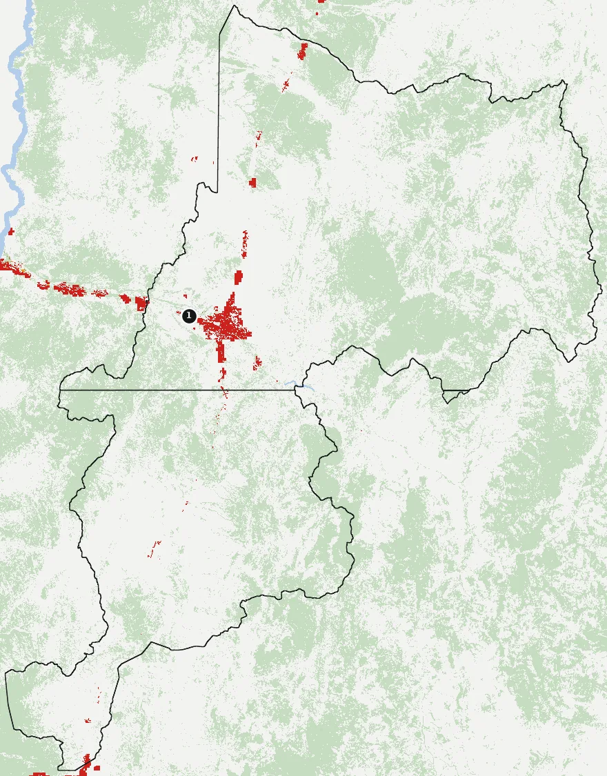 Mapa de Vallenar con las zonas pobladas, la plantación forestal a menos de 500 m y el área quemada entre 2023 y 2025