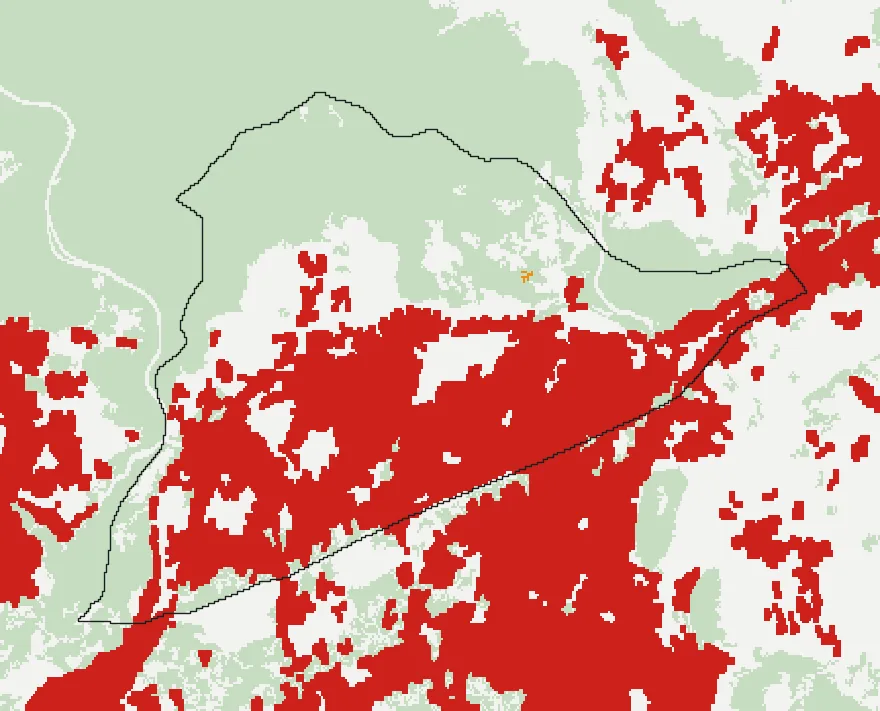 Mapa de Vitacura con las zonas pobladas, la plantación forestal a menos de 500 m y el área quemada entre 2023 y 2025